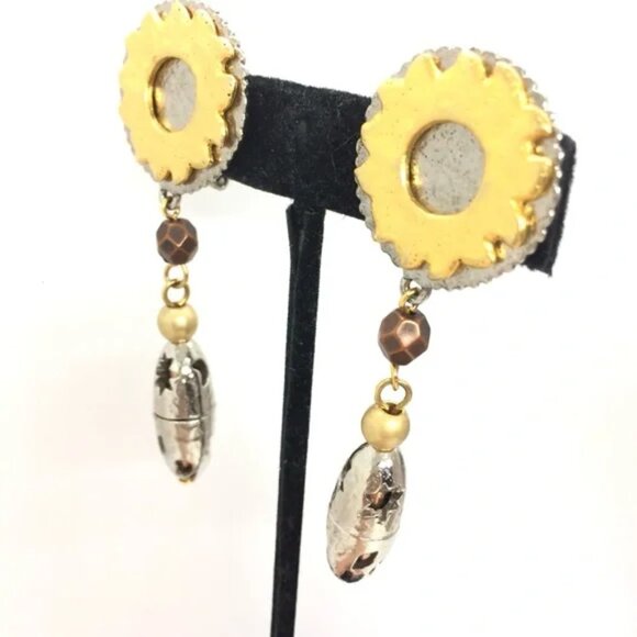 VINTAGE LIZ CLAIBORNE CELESTIAL MIXED METAL DANGLE EARRINGS CLIP ON 80S SUN MOON - Picture 5 of 14